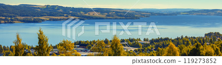 View of the beautiful lake Mjosa in the city of Gjovik in summer. Norway, Europe 119273852