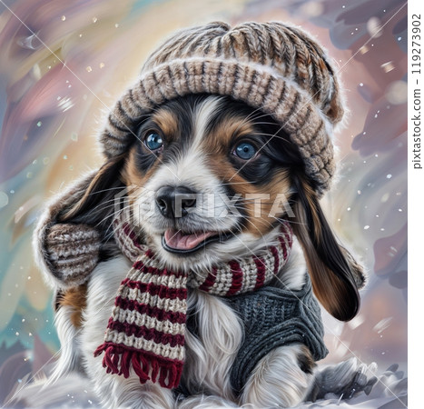 Cute New Year puppy in a scarf and hat 119273902