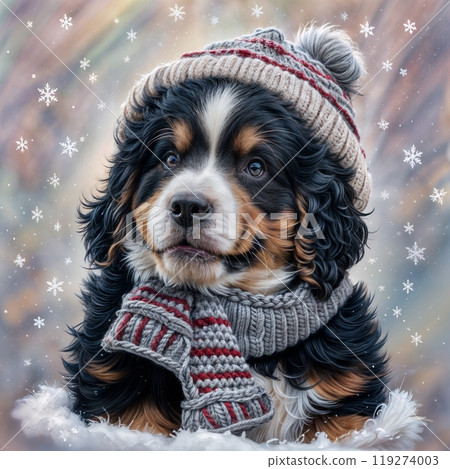 New Year puppy with knitted scarf and beige hat 119274003