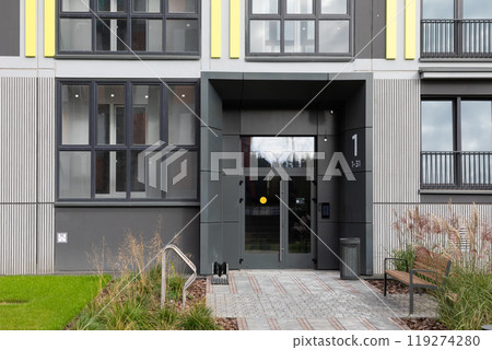 Modern high-rise apartments in a vibrant residential area highlighting rental and mortgage options Modern high-rise apartments in a vibrant residential area highlighting rental and mortgage options 119274280