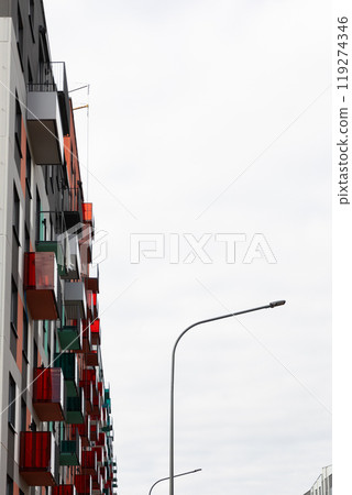 High-rise apartment buildings in a residential area showcasing modern living options and rental 119274346