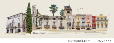 Art collage and design about historical facade of building at Figueres city in Catalonia at Spain Art collage and design about historical facade of building at Figueres city in Catalonia at Spain 119274366