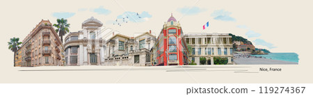 Antique houses in Nice, France, Europe. Cozy European town on French Riviera. Mediterranean chic. Vintage touristic postcard. Antique houses in Nice, France, Europe. Cozy European town on French Riviera. Mediterranean chic. Vintage touristic postcard. 119274367