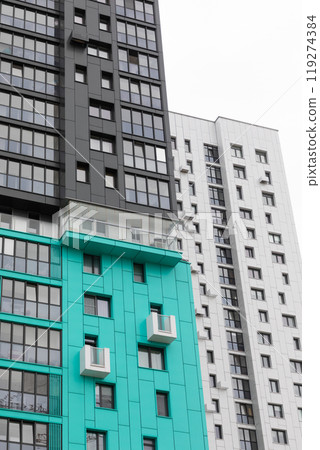 High-rise apartment buildings in a residential area, offering units for rent and mortgage options 119274384