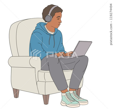 African American boy sitting in a chair with a laptop on her lap 119274494