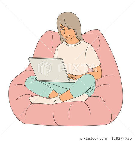 girl sitting in a chair with a laptop on her lap girl sitting in a chair with a laptop on her lap 119274730