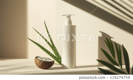 A white bottle of shampoo with aloe vera and coconut next to it on a beige gradient background. 119274759