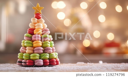 Christmas tree made of macaroons on blurred background of pastry shop 119274796