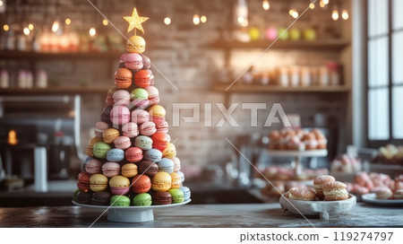 Christmas tree made of macaroon of different flavors and colors on a table in a bakery 119274797