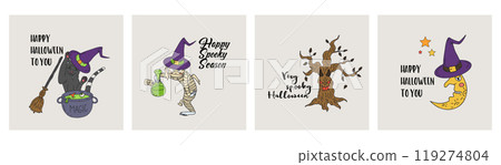 Set of 4 cards or posters with cute Halloween illustrations and greeting texts 119274804