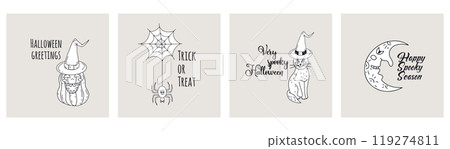 Set of 4 cards or posters with cute Halloween illustrations and greeting texts Set of 4 cards or posters with cute Halloween illustrations and greeting texts 119274811