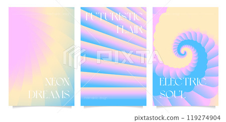 Striped abstract gradient posters set. Minimalist style cover template with vibrant perspective 3d geometric gradient shapes collection. Ideal design for social media, cover, banner, flyer. Vector 119274904