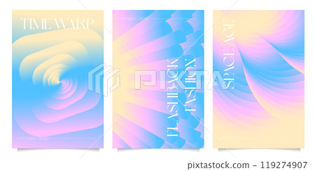 Minimal abstract poster collection, minimalist posters set with geometric shapes with soft gradient, futurism style inspired graphics, bold aesthetic, shape distortion effect. Vector design. 119274907