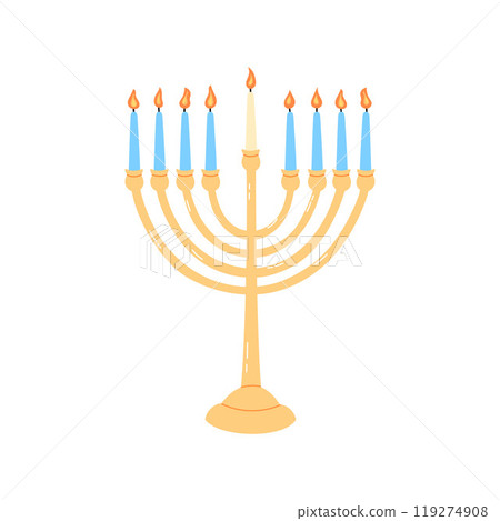 Hanukkah menorah isolated. Traditional Jewish chanukiah candle holder with nine lit candles on white background. Festival of lights symbol flat vector illustration 119274908