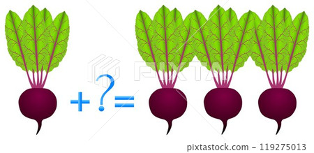 Action relationship of addition, examples with beets. Educational game for children. 119275013