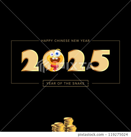 Cartoon Happy Chinese New Year 2025 illustration vector design with cute and friendly golden snake and golden coins. Cartoon snake with scarf symbol of 2025 lunar year. New year illustration Cartoon Happy Chinese New Year 2025 illustration vector design with cute and friendly golden snake and golden coins. Cartoon snake with scarf symbol of 2025 lunar year. New year illustration 119275024