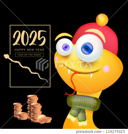 Cartoon Happy Chinese New Year 2025 illustration vector design with cute and friendly golden snake and golden coins. Cartoon snake with scarf symbol of 2025 lunar year. New year illustration 119275025