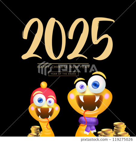 Cartoon Happy Chinese New Year 2025 illustration vector design with cute and friendly golden snake and golden coins. Cartoon snake with scarf symbol of 2025 lunar year. New year illustration 119275026