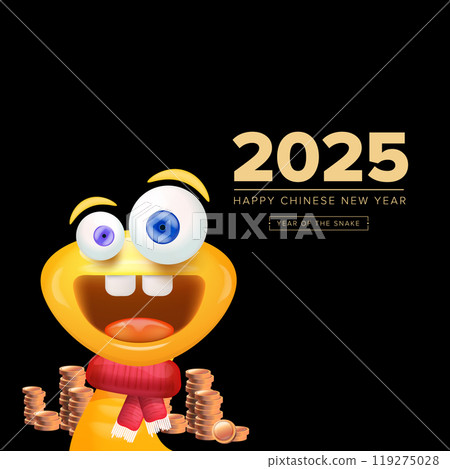 Cartoon Happy Chinese New Year 2025 illustration vector design with cute and friendly golden snake and golden coins. Cartoon snake with scarf symbol of 2025 lunar year. New year illustration 119275028