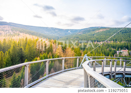 The Sky Walk Tower offers stunning panoramic views of the lush forests and mountainous landscape in Swieradow Zdroj, showcasing the vibrant greenery and tranquility of the Jizera Mountains. The Sky Walk Tower offers stunning panoramic views of the lush forests and mountainous landscape in Swieradow Zdroj, showcasing the vibrant greenery and tranquility of the Jizera Mountains. 119275051