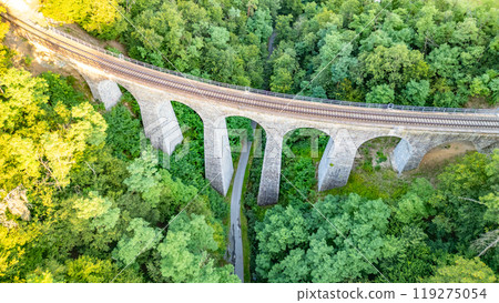 The Zampach stone railway bridge stretches gracefully over lush green trees in Czechia, showcasing its impressive arches against a vibrant summer backdrop. 119275054