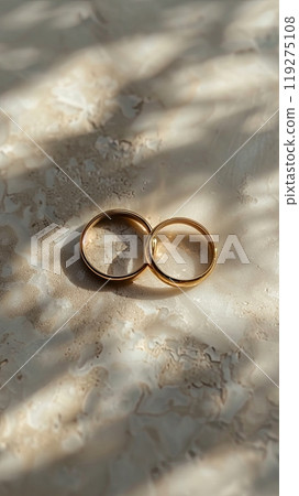 photo of the wedding rings, light background, minimalism, top view, natural daylight 119275108