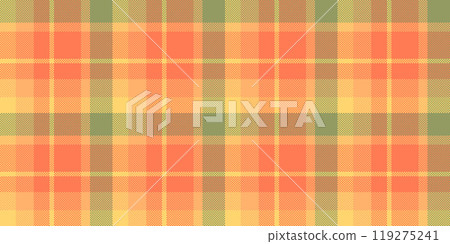 Tribal textile tartan plaid, effect background vector pattern. Invite fabric seamless texture check in coral and orange colors. 119275241