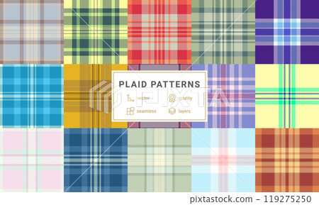 Plaid patterns in classic checks and geometric designs, perfect for textile, clothing, or wallpaper with a celtic influence. Plaid patterns in classic checks and geometric designs, perfect for textile, clothing, or wallpaper with a celtic influence. 119275250