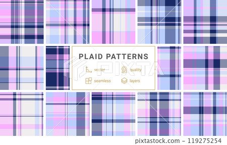 Geometric plaid patterns in trendy colors, great for textile designs, fabric prints, or stylish clothing material. Geometric plaid patterns in trendy colors, great for textile designs, fabric prints, or stylish clothing material. 119275254