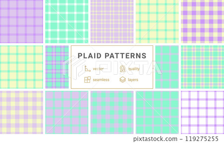 Trendy plaid fabric designs with geometric stripes, offering classic rustic charm for fashionable material prints or decorative backgrounds. Trendy plaid fabric designs with geometric stripes, offering classic rustic charm for fashionable material prints or decorative backgrounds. 119275255