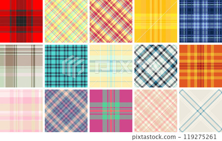 Geometric plaid and checkered patterns designed for textile and fabric use, adding a rustic, old-fashioned touch to clothes and home decor. 119275261