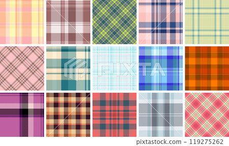 A fashionable set of plaid textile patterns with geometric squares and stripes, perfect for creating trendy clothes or decorative wallpapers. 119275262