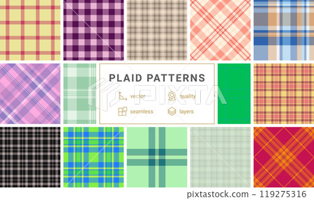 Plaid pattern collection with traditional Scottish checks, ideal for textiles, clothes, and classic shirt fabrics in rustic tones. 119275316