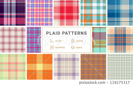 Bold check patterns with stripes and textured backgrounds. A perfect collection for Scottish or English themed textile and clothing projects. 119275317
