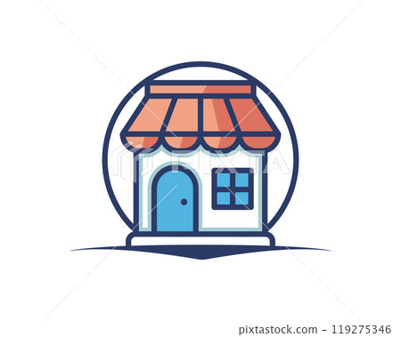 Shopping store logo for mobile e comerce and local market branding. Online shop icon simple minimalist sign for payments, shipping and sale, vector illustration. 119275346