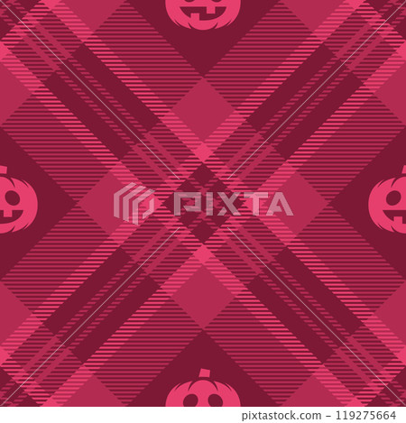 Halloween vector pattern with plaid stripes and pumpkins, spooky ghosts, and scary ornaments. Ideal for autumn background, textile, fabric, party decor, greeting cards, posters, or tiled wallpaper. Halloween vector pattern with plaid stripes and pumpkins, spooky ghosts, and scary ornaments. Ideal for autumn background, textile, fabric, party decor, greeting cards, posters, or tiled wallpaper. 119275664