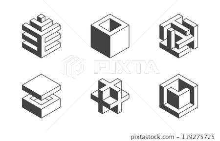 Black and white Cube logo, geometric vector design. Set box logotype company, trendy techno emblem in isometric 3D style. Black and white Cube logo, geometric vector design. Set box logotype company, trendy techno emblem in isometric 3D style. 119275725