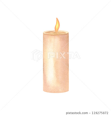 Lighting festive candle in neutral tone watercolor illustration. Minimalist design candlelight element for New Year, Christmas holiday greeting cards, gifts, package decor Lighting festive candle in neutral tone watercolor illustration. Minimalist design candlelight element for New Year, Christmas holiday greeting cards, gifts, package decor 119275872