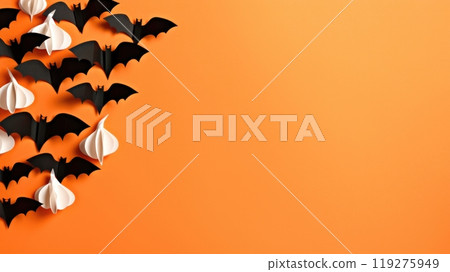 Spooky Halloween Background Featuring Flying Bats on a Bright Orange Background for Celebrations 119275949