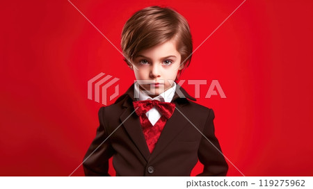 Charming young boy in formal suit and bow tie with serious expression on vibrant red background Charming young boy in formal suit and bow tie with serious expression on vibrant red background 119275962