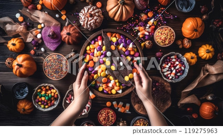 A Wooden Bowl Overflowing with Colorful Candies and Chocolate Bars Surrounded by Halloween Decor 119275963