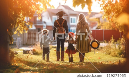 Family in matching Halloween costumes walking away from the camera in a rural setting Family in matching Halloween costumes walking away from the camera in a rural setting 119275965
