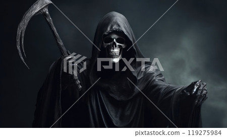 The Grim Reaper A Skeletal Figure in a Dark Cloak with Scythe Over an Empty Void of Mystery 119275984