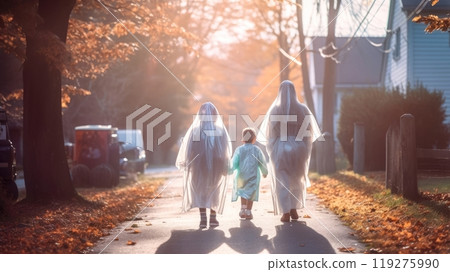 Family in matching raincoats walking down a tree-lined street in the fall 119275990