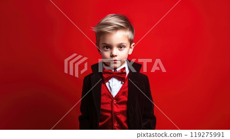 Charming young boy in a stylish suit and bow tie posing confidently against a vibrant red background 119275991