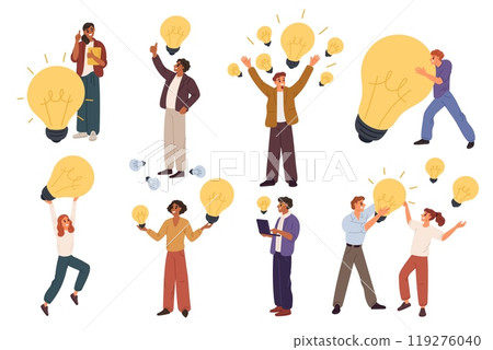 Cartoon people with light idea bulbs. Business brainstorming. Funny smart characters. Innovative startup. Creative and success. Businessman holding glowing lamps. Garish vector set Cartoon people with light idea bulbs. Business brainstorming. Funny smart characters. Innovative startup. Creative and success. Businessman holding glowing lamps. Garish vector set 119276040