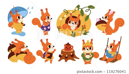 Cartoon squirrels. Cute furry animals. Red forest dwellers climbing trees. Wildlife characters drink hot tea. Different poses. Autumn season. Mammal with rain umbrella. Garish vector set Cartoon squirrels. Cute furry animals. Red forest dwellers climbing trees. Wildlife characters drink hot tea. Different poses. Autumn season. Mammal with rain umbrella. Garish vector set 119276041