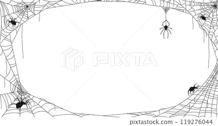 Cobweb frame. Spider braided house. Insects weaving traps. Halloween border design. Web lines. Scary decorations. Arachnids hanging in corners. Creepy spiderwebs. Vector background Cobweb frame. Spider braided house. Insects weaving traps. Halloween border design. Web lines. Scary decorations. Arachnids hanging in corners. Creepy spiderwebs. Vector background 119276044