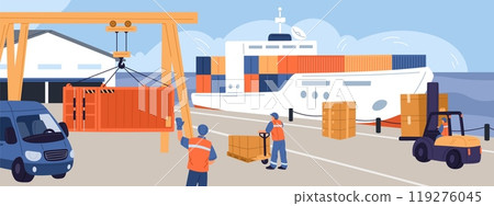 Container loading at seaport. Cargo ships. Loaders in port warehouse. Uniformed workers. Logistic and delivery. Bulk shipments. Lifting metal boxes with crane. Garish vector concept 119276045