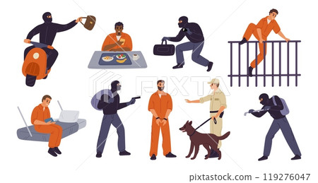 Crimes and punishment. Cartoon criminal characters. Prisoners in uniform. Convicted thieves in prison. Arrested gangsters and scammers. Guard with dog. Garish vector lawbreakers set Crimes and punishment. Cartoon criminal characters. Prisoners in uniform. Convicted thieves in prison. Arrested gangsters and scammers. Guard with dog. Garish vector lawbreakers set 119276047